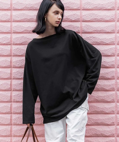 coca(coca)(コカ)の「ミニ裏毛ボーダーボートネックビッグトップス(Tシャツ/カットソー・レディース・A/ホワイト/ブラック/B・S/M/L)」の3枚目の写真