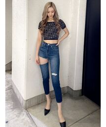 ハイウエスト サイド リップド ペグトップデニムパンツ