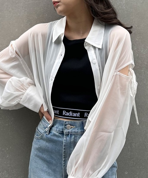 INGNI（イング）の「肩スリットリボンラメシアーショートシャツ（シャツ/ブラウス・レディース・ミント/ピンク/グレー/サックスブルー/アイボリー/ブラウン/ブラック・M）」の14枚目の写真