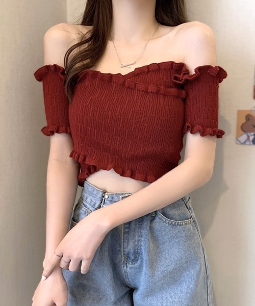 Riff（リフ）の「オフショルダートップス 半袖 ショート丈（Tシャツ/カットソー・レディース・ピンク/ブラック×ホワイト/ホワイト×ブラック/ブラック/ホワイト/ベージュ/イエロー/レッド/ホワイト×レッド・M）」の9枚目の写真