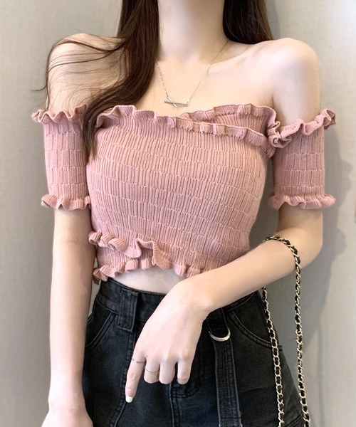 Riff（リフ）の「オフショルダートップス 半袖 ショート丈（Tシャツ/カットソー・レディース・ピンク/ブラック×ホワイト/ホワイト×ブラック/ブラック/ホワイト/ベージュ/イエロー/レッド/ホワイト×レッド・M）」の8枚目の写真