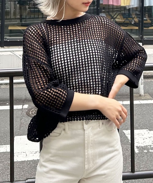 INGNI（イング）の「ロング丈7分袖メッシュニット（ニット