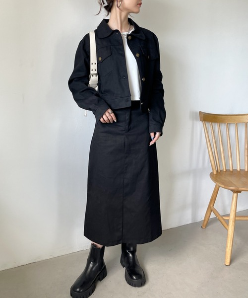 CLEA(クレア)の「【2点SET】ショート丈CPOジャケット+ロングスカート セットアップ(セットアップ・レディース・ベージュ/ブラック・M/L)」の9枚目の写真