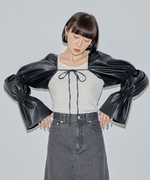 ELLEgirl(エルガール)の「ヴィーガンレザー付け袖ボレロ【ELLEgirl/エル ガール】(カーディガン/ボレロ・レディース・ブラック・FREE)」の12枚目の写真