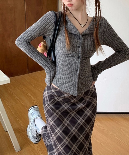 Miniministore（ミニミニストア）の「フロントボタンカットソー vネック 韓国風 レディース（Tシャツ/カットソー・レディース・ピンク/ベージュ/グレー・L/M/S）」の9枚目の写真