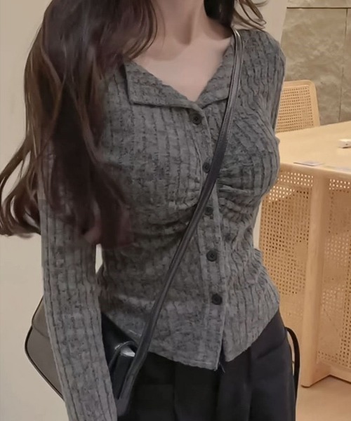 Miniministore（ミニミニストア）の「フロントボタンカットソー vネック 韓国風 レディース（Tシャツ/カットソー・レディース・ピンク/ベージュ/グレー・L/M/S）」の19枚目の写真