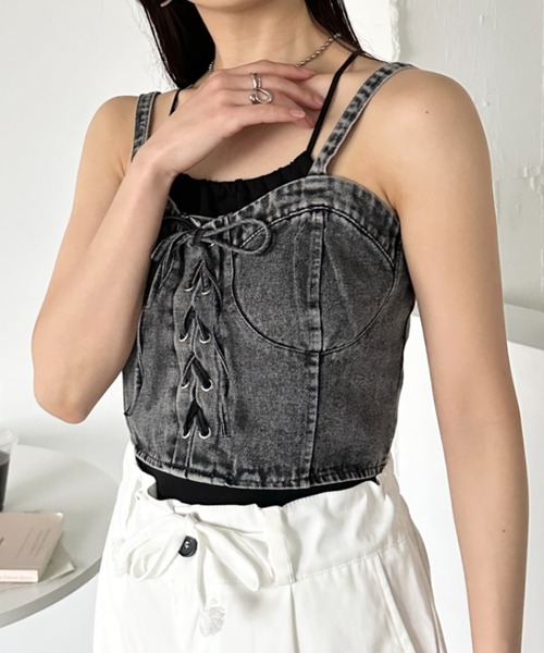 CLEA（クレア）の「フロントリボン デニムキャミビスチェ（キャミソール・レディース・ブルー/ブラック・FREE）」の11枚目の写真