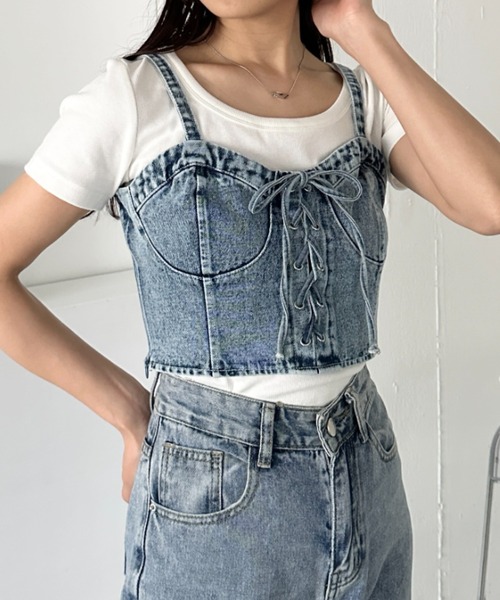 CLEA（クレア）の「フロントリボン デニムキャミビスチェ（キャミソール・レディース・ブルー/ブラック・FREE）」の21枚目の写真