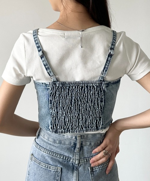 CLEA（クレア）の「フロントリボン デニムキャミビスチェ（キャミソール・レディース・ブルー/ブラック・FREE）」の6枚目の写真