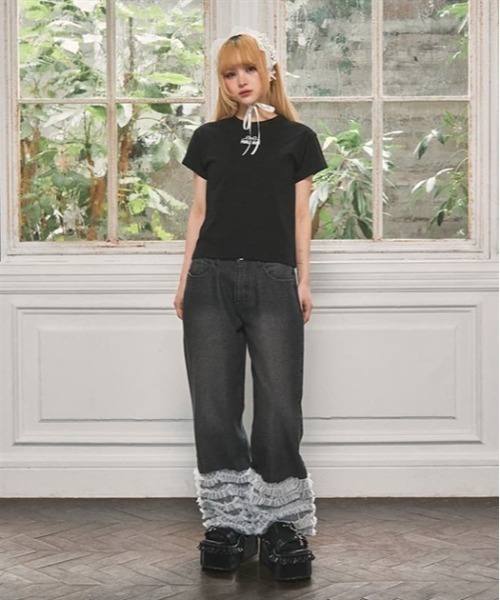FickleBebe(フィクルベベ)の「ハートカットフリルトップス(Tシャツ/カットソー・レディース・ホワイト/ブラック・FREE)」の5枚目の写真