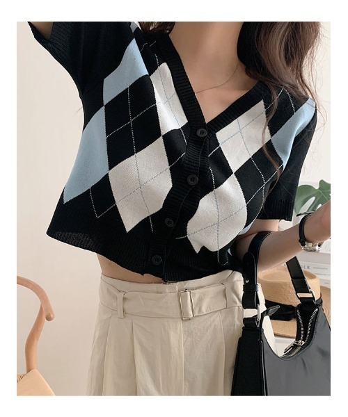 セール】アーガイル柄半袖カーディガンニット（カーディガン/ボレロ
