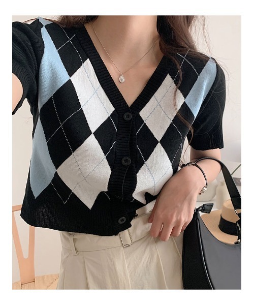 セール】アーガイル柄半袖カーディガンニット（カーディガン/ボレロ