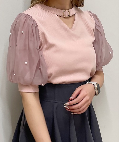 TORTE(トルテ)の「デコルテ開きパールスリーブTOPS(Tシャツ/カットソー・レディース・ブルー/ブラック/ホワイト/ピンク・FREE)」の4枚目の写真