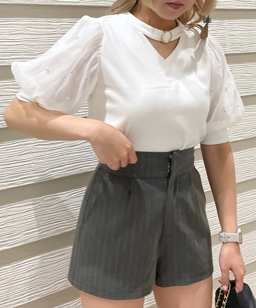 TORTE(トルテ)の「デコルテ開きパールスリーブTOPS(Tシャツ/カットソー・レディース・ブルー/ブラック/ホワイト/ピンク・FREE)」の7枚目の写真