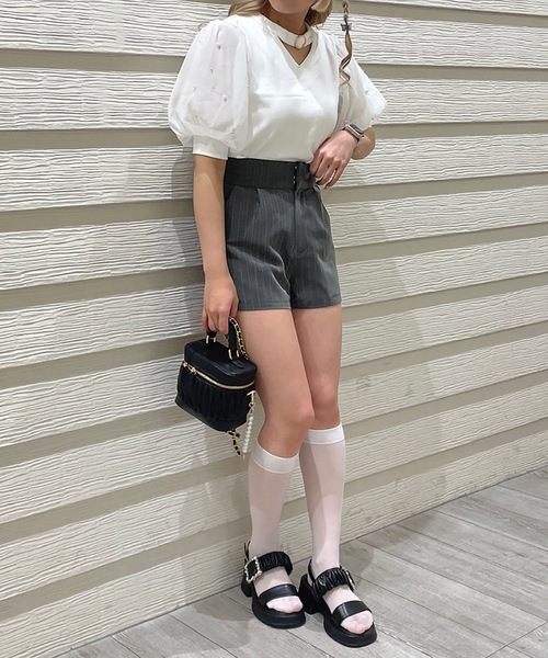 TORTE(トルテ)の「デコルテ開きパールスリーブTOPS(Tシャツ/カットソー・レディース・ブルー/ブラック/ホワイト/ピンク・FREE)」の9枚目の写真