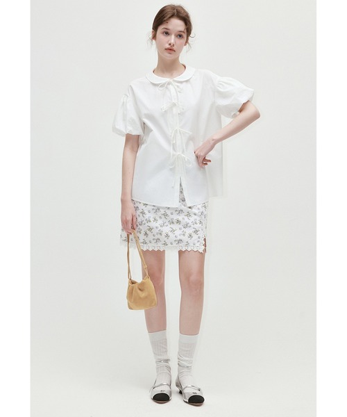 【美品】ーコチャン　ラウンドカラー　ホワイト パフスリーブ シャツ Aphlotus シャツ 麻混 スタンドカラー サイドスリット