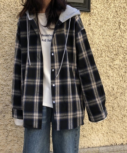 Teem Store(チームストア)の「フード付きレイヤードチェックネルシャツ(シャツ/ブラウス・レディース・ブラック・M/L)」の12枚目の写真