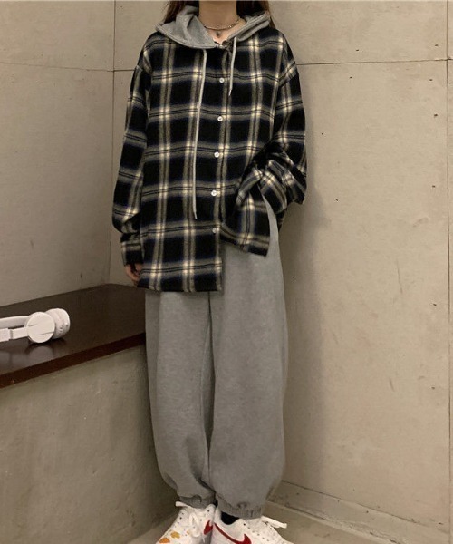Teem Store(チームストア)の「フード付きレイヤードチェックネルシャツ(シャツ/ブラウス・レディース・ブラック・M/L)」の8枚目の写真