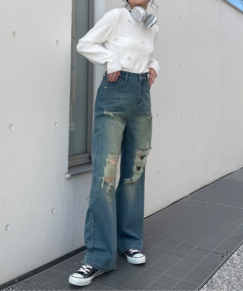 one way(ワンウェイ)の「ストーンまみれダメージデニムパンツ(デニムパンツ・レディース・ダークグレー/ブルー系その他・SMALL/MEDIUM)」の2枚目の写真