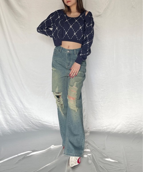 one way(ワンウェイ)の「ストーンまみれダメージデニムパンツ(デニムパンツ・レディース・ダークグレー/ブルー系その他・SMALL/MEDIUM)」の9枚目の写真