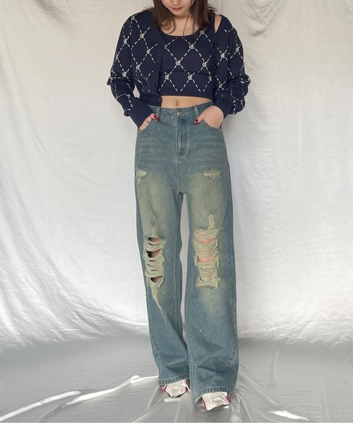 one way(ワンウェイ)の「ストーンまみれダメージデニムパンツ(デニムパンツ・レディース・ダークグレー/ブルー系その他・SMALL/MEDIUM)」の10枚目の写真