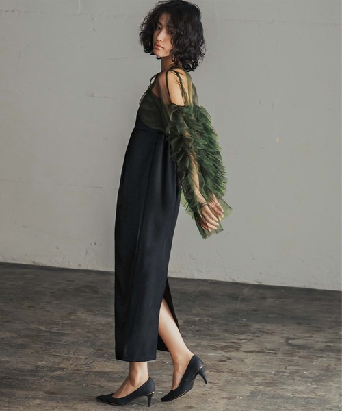 girl（ガール）の「チュールフリルスリーブショート丈 結婚式 ボレロ ジャケット パーティー オケージョン お呼ばれ（カーディガン/ボレロ・レディース・ダークグリーン/ブラック/グレー・FREE）」の4枚目の写真