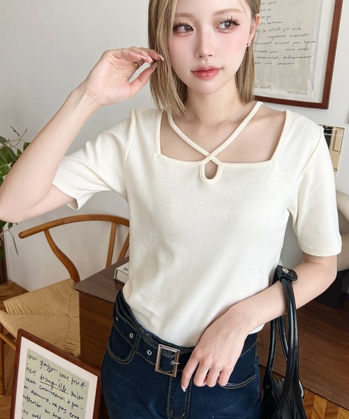 セール】クロスホルターネック半袖カットソー（Tシャツ/カットソー