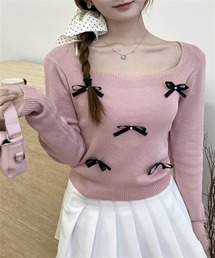 リボン付きニットトップス