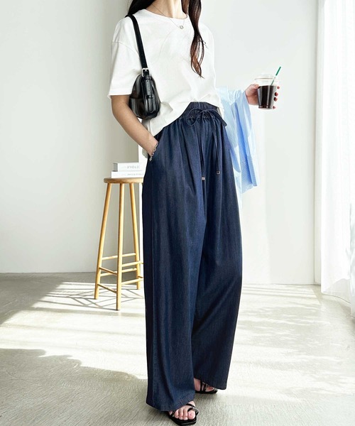 無地デニムパンツワイドカジュアルおしゃれ 洗える】大人カジュアルコーデに やわらかワイドデニムパンツ