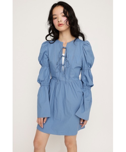 SLY ワンピース FRONT RIBBON PUFF SLEEVE OP フロント リボン