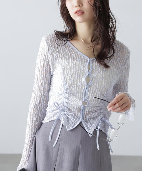 FREE'S MART（フリーズマート）の「◆シアーレースドロストカーディガン（カーディガン/ボレロ・レディース・ブルー/ブラック/ホワイト/ピンク・FREE）」の15枚目の写真