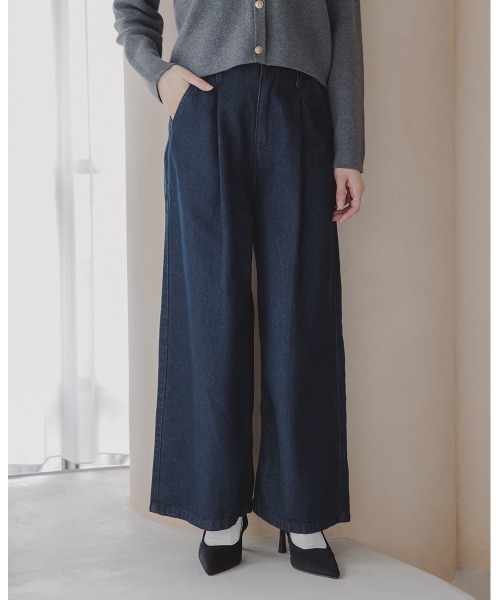 Petitjo（プッチージョ）の「小さいサイズ　綿100%ウエストタックハイウエストワイドデニムパンツ　低身長さん・小柄女性（その他パンツ・レディース・ネイビー系/ネイビー・PSS/PS/PM/PL）」の2枚目の写真