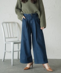 小さいサイズ　綿100%ウエストタックハイウエストワイドデニムパンツ　低身長さん・小柄女性