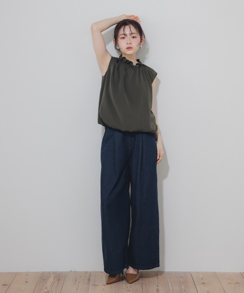 Petitjo（プッチージョ）の「小さいサイズ　綿100%ウエストタックハイウエストワイドデニムパンツ　低身長さん・小柄女性（その他パンツ・レディース・ネイビー系/ネイビー・PSS/PS/PM/PL）」の12枚目の写真