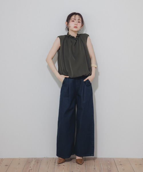 Petitjo（プッチージョ）の「小さいサイズ　綿100%ウエストタックハイウエストワイドデニムパンツ　低身長さん・小柄女性（その他パンツ・レディース・ネイビー系/ネイビー・PSS/PS/PM/PL）」の3枚目の写真