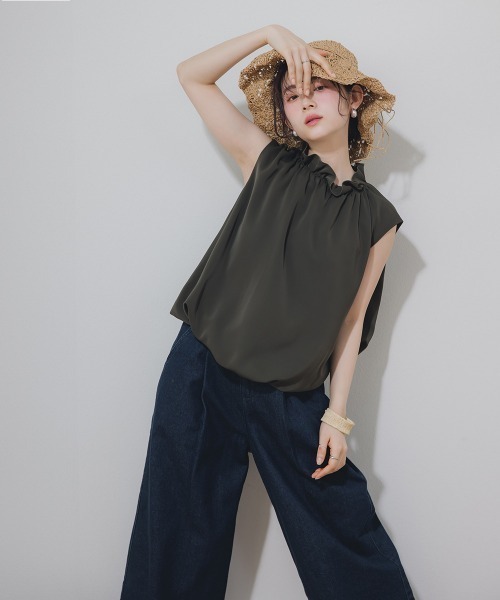 Petitjo（プッチージョ）の「小さいサイズ　綿100%ウエストタックハイウエストワイドデニムパンツ　低身長さん・小柄女性（その他パンツ・レディース・ネイビー系/ネイビー・PSS/PS/PM/PL）」の6枚目の写真