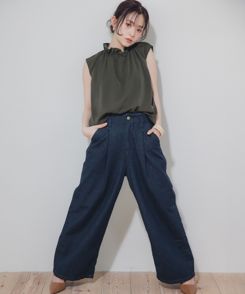 ネイビーワイドデニムパンツ Sサイズ 小さいサイズ 綿100%ウエストタックハイウエストワイドデニム