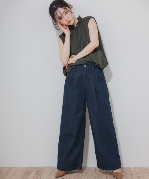 Petitjo（プッチージョ）の「小さいサイズ　綿100%ウエストタックハイウエストワイドデニムパンツ　低身長さん・小柄女性（その他パンツ・レディース・ネイビー系/ネイビー・PSS/PS/PM/PL）」の10枚目の写真
