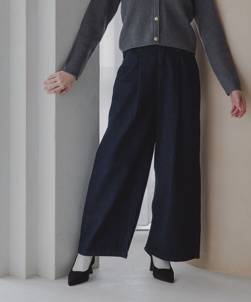 Petitjo（プッチージョ）の「小さいサイズ　綿100%ウエストタックハイウエストワイドデニムパンツ　低身長さん・小柄女性（その他パンツ・レディース・ネイビー系/ネイビー・PSS/PS/PM/PL）」の16枚目の写真