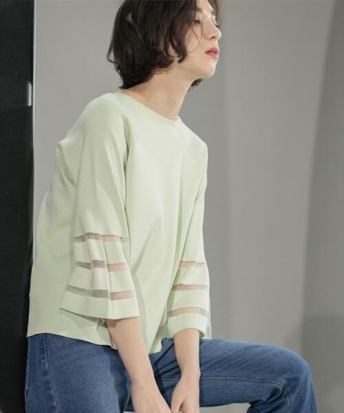 OPAQUE.CLIP（オペークドットクリップ）の「《6色展開》シアーボーダーフレアスリーブニット【洗濯機洗い可】（ニット/セーター・レディース・ブラック/ホワイト/ライトグレー/ブルー系その他/ベビーピンク/ライトグリーン・36/38/40/42）」の12枚目の写真