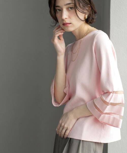 OPAQUE.CLIP（オペークドットクリップ）の「《6色展開》シアーボーダーフレアスリーブニット【洗濯機洗い可】（ニット/セーター・レディース・ブラック/ホワイト/ライトグレー/ブルー系その他/ベビーピンク/ライトグリーン・36/38/40/42）」の16枚目の写真