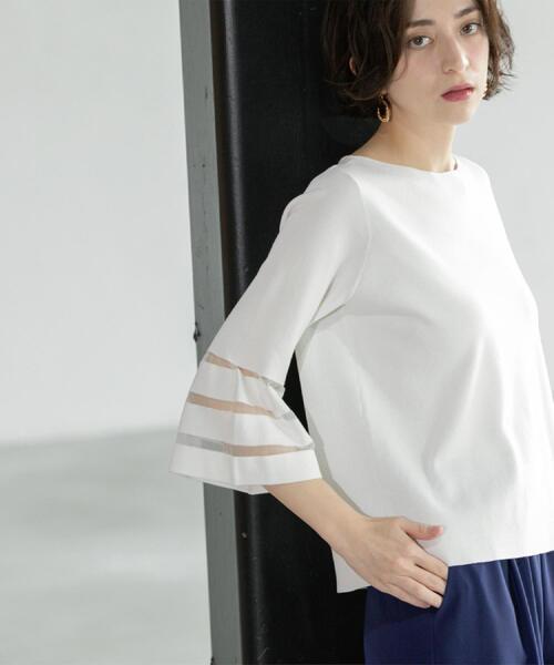 OPAQUE.CLIP（オペークドットクリップ）の「《6色展開》シアーボーダーフレアスリーブニット【洗濯機洗い可】（ニット/セーター・レディース・ブラック/ホワイト/ライトグレー/ブルー系その他/ベビーピンク/ライトグリーン・36/38/40/42）」の19枚目の写真