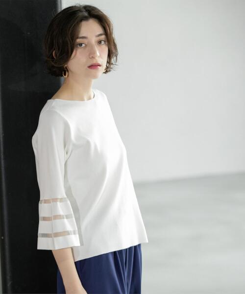 OPAQUE.CLIP（オペークドットクリップ）の「《6色展開》シアーボーダーフレアスリーブニット【洗濯機洗い可】（ニット/セーター・レディース・ブラック/ホワイト/ライトグレー/ブルー系その他/ベビーピンク/ライトグリーン・36/38/40/42）」の21枚目の写真