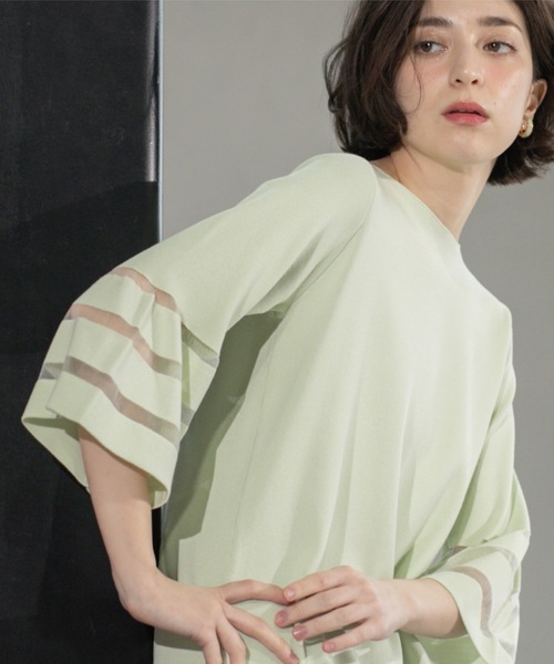 【2025A/W新作★送料無料】 セール】《6色展開》シアーボーダーフレアスリーブニット【洗濯 トップス