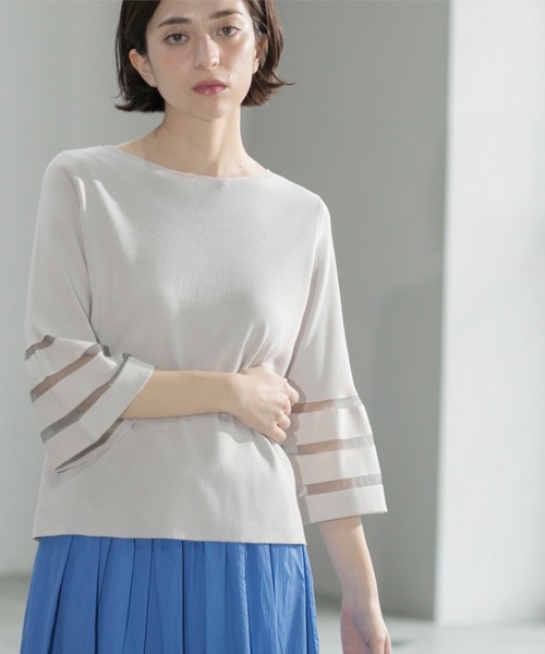Estella.K シアーボーダースリーブ　新品 セール】《6色展開》シアーボーダーフレアスリーブニット【洗濯