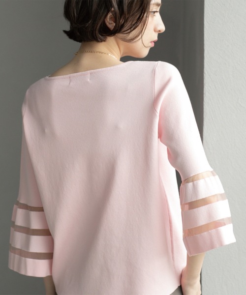 OPAQUE.CLIP（オペークドットクリップ）の「《6色展開》シアーボーダーフレアスリーブニット【洗濯機洗い可】（ニット/セーター・レディース・ブラック/ホワイト/ライトグレー/ブルー系その他/ベビーピンク/ライトグリーン・36/38/40/42）」の8枚目の写真