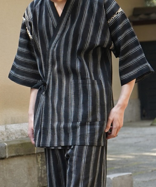 kujaku 羽織 コート ブラック 浴衣 甚平 16ss 25SS 縞しじら織り甚平 上下セット（浴衣）｜Confirm（コン