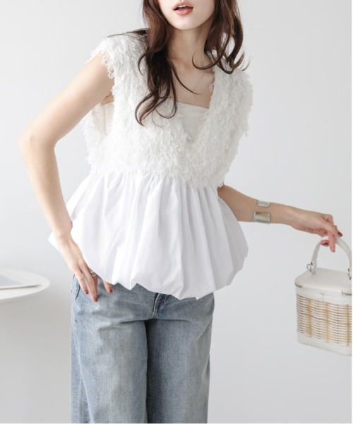 華　ella_selectshop フリンジベスト　ホワイト　美品 セール】フェザーフリンジペプラムベスト（ベスト）｜AMELY