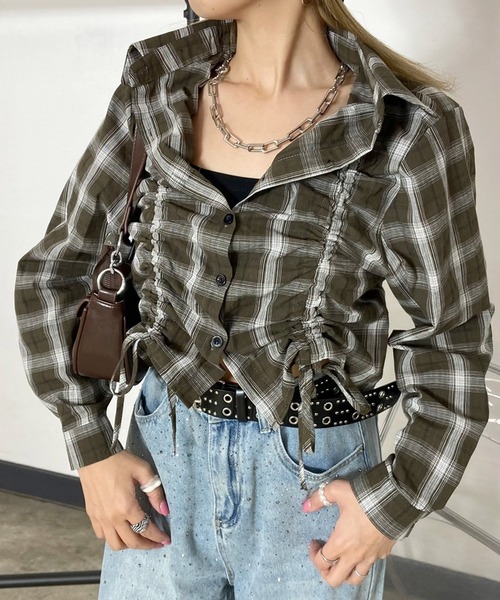 non-hedge(ノンヘッジ)の「ドロストショート丈チェックシャツ(シャツ/ブラウス・レディース・オフホワイト/ブラック/カーキ/ブルー/チャコール・FREE)」の4枚目の写真