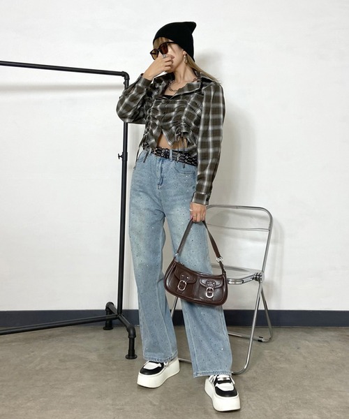 non-hedge(ノンヘッジ)の「ドロストショート丈チェックシャツ(シャツ/ブラウス・レディース・オフホワイト/ブラック/カーキ/ブルー/チャコール・FREE)」の10枚目の写真